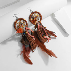 AENSOA Ethnic , Tassel Feathers,  Dreamcatcher Long Drop Earrings For Women