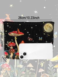 1pc Mushroom Forest Pattern Corduroy Zipper Lightweight Multi functional Bag