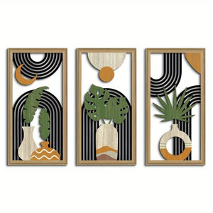 3pcs Wooden Bohemian Mural Aesthetic Vase Pattern Living Room Wall Decoration Hollow Out Design Wall Art Hanging Ornament Crafts