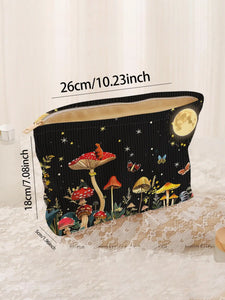 1pc Mushroom Forest Pattern Corduroy Zipper Lightweight Multi functional Bag