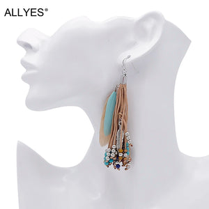 AENSOA Ethnic , Tassel Feathers,  Dreamcatcher Long Drop Earrings For Women